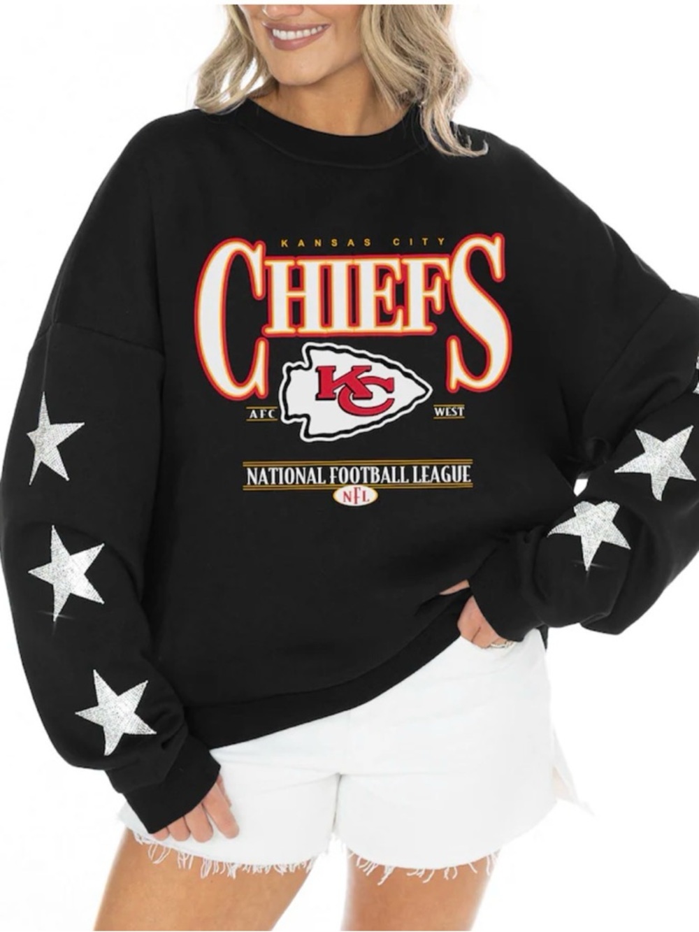 Kansas City Chiefs Rhinestone Star-Sleeve Oversized Sweatshirt • NEW